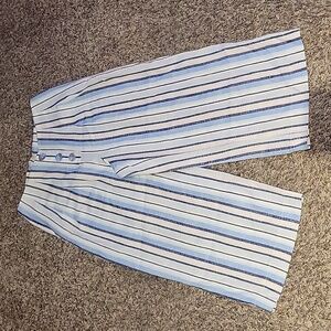 Coco Bianco Linen Blend Pants Striped Coastal Beachy Wide Leg Cropped Small